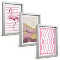 BILDER SET 3er Set - 20x30 cm Silberner Rahmen - Pastelllandschaft mit rosa Flamingos - Silberfarben, Kunststoff (20/30cm) - TULUP