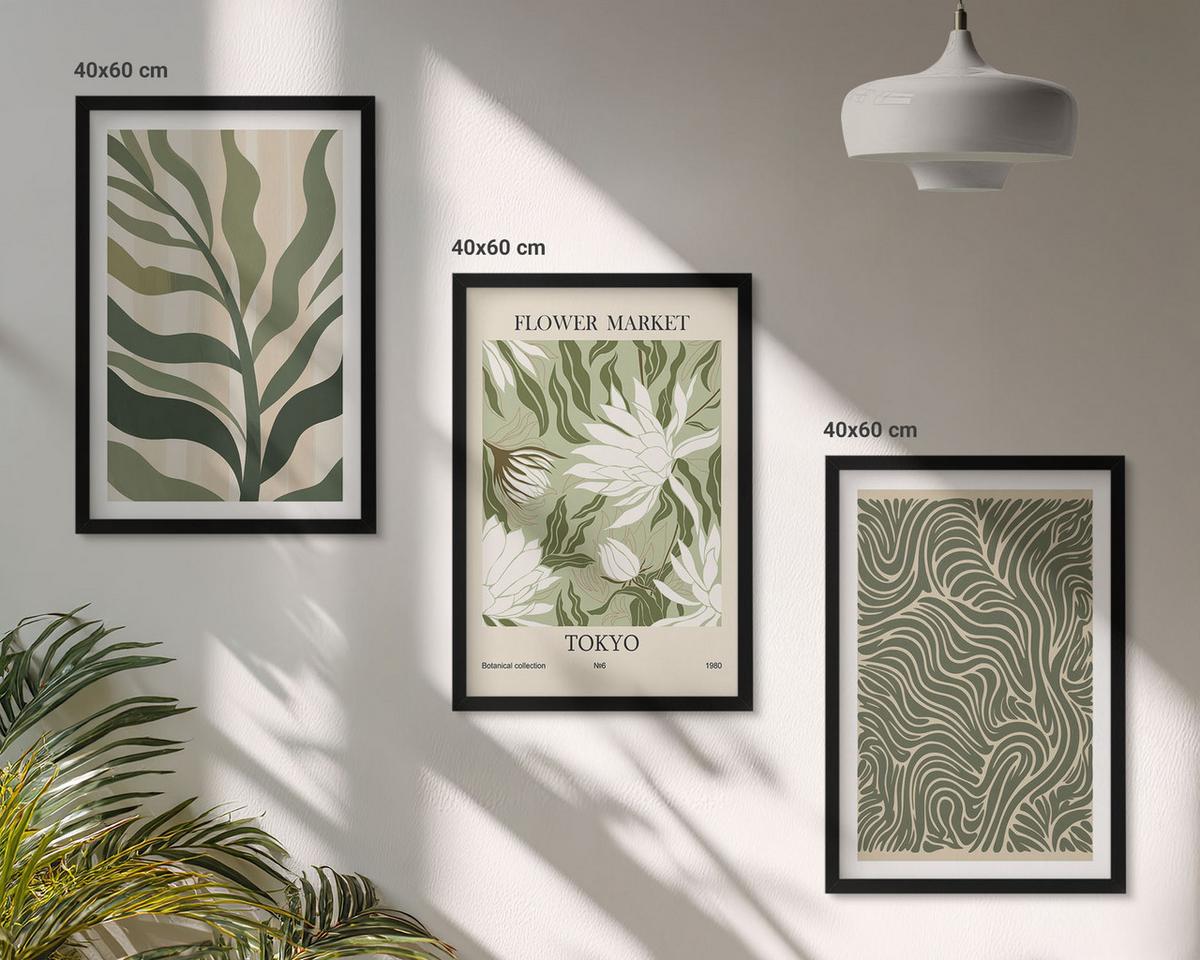 BILDER SET 3er Set - 40x60 cm Schwarzer Rahmen - Pflanzenmuster, Boho-Dekorationen - Schwarz, Kunststoff (40/60cm) - TULUP