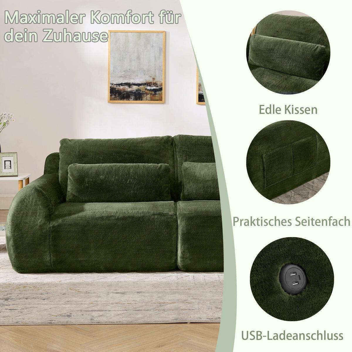 2-SITZER SOFA in Grün aus Kunstfell mit USB-Anschluss & Magazintasche - Grün, Textil (101/81/208cm) - Urban Meuble