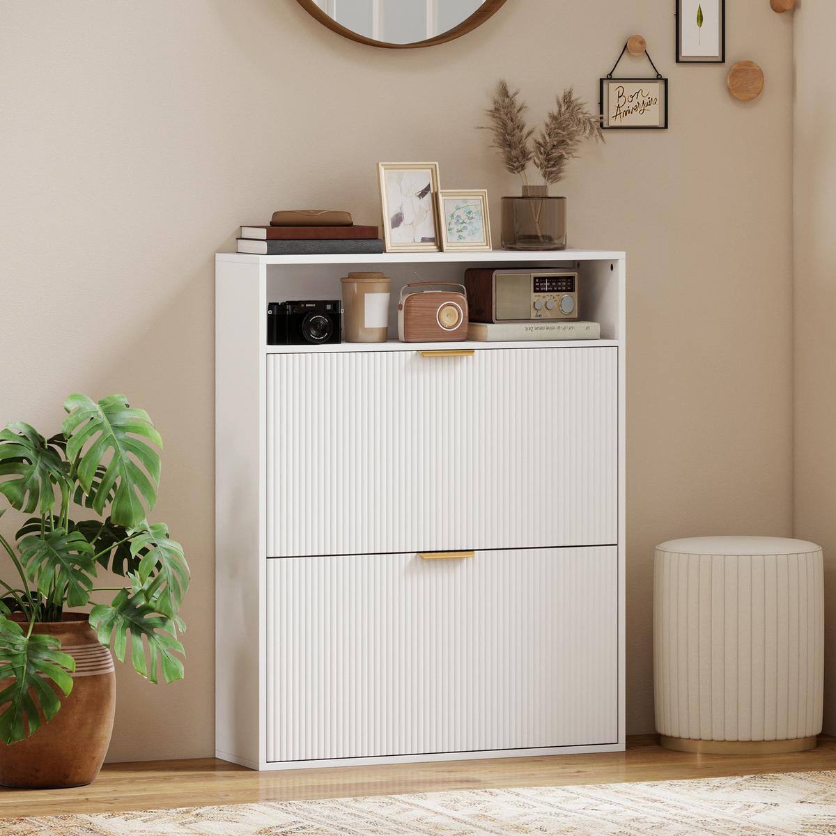 SCHUHSCHRANK Spanplatte MDF Weiß - Alufarben/Weiß, Holzwerkstoff/Kunststoff (24/102.5/80cm) - HOMCOM