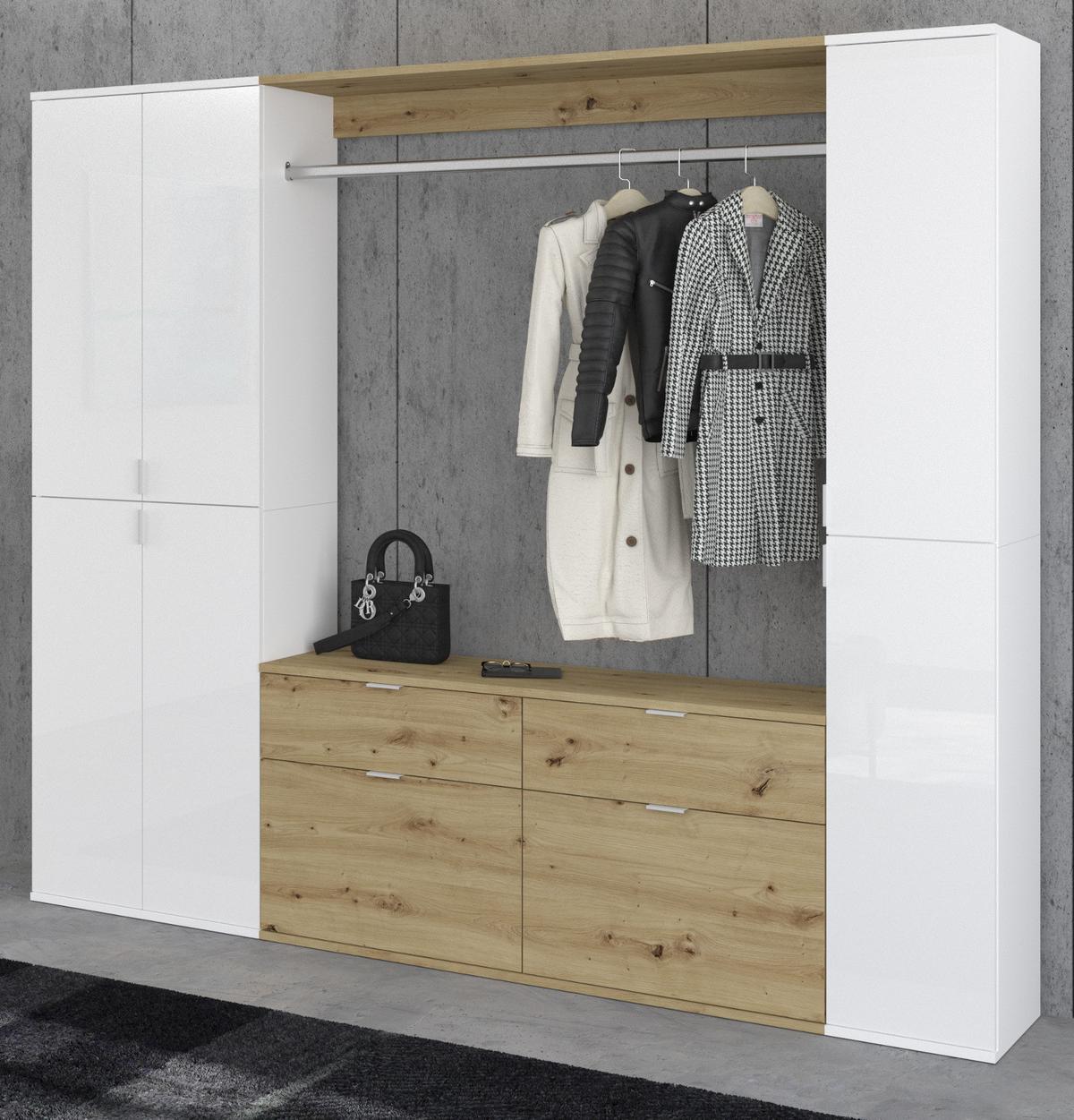 GARDEROBEN-SET weiß Hochglanz, Eiche 212 cm, Komplettset mit viel Stauraum - Chromfarben/Weiß Hochglanz, Holzwerkstoff/Kunststoff (212/193/34cm) - Inn.Furn