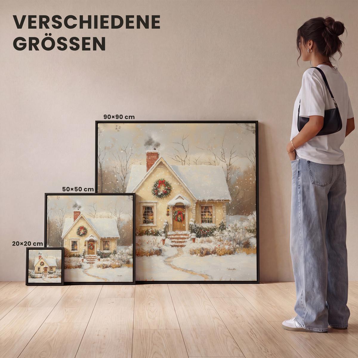 LEINWAND Bilder mit Rahmen - Weihnachten - Zuhause - Winter - Schnee - 20x20 - Creme, Textil (20/20cm) - MuchoWow