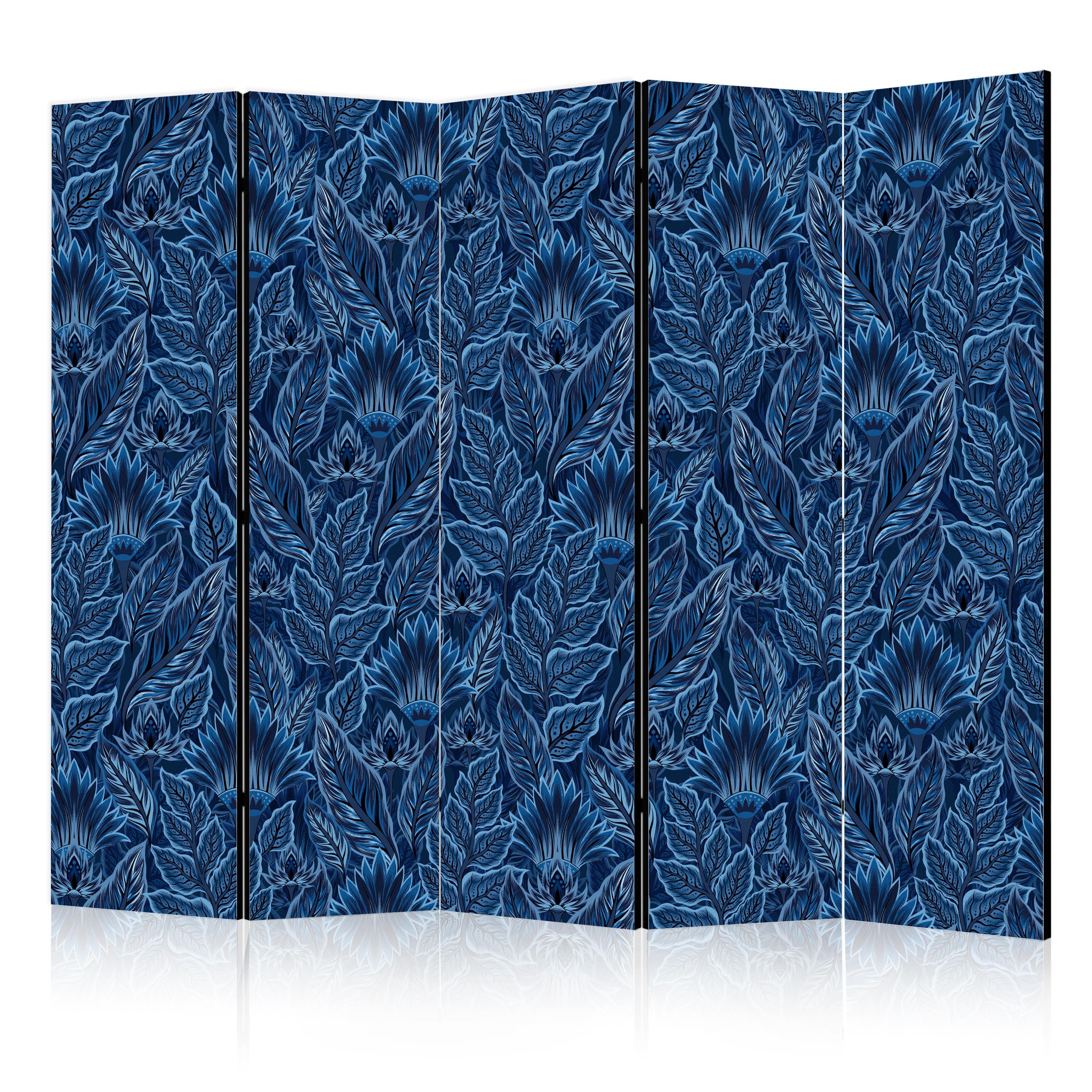 PARAVENT 5-tlg 225x172 cm Blaue Blätter - Blau, Holz/Textil (225/172/3cm) - Muralo