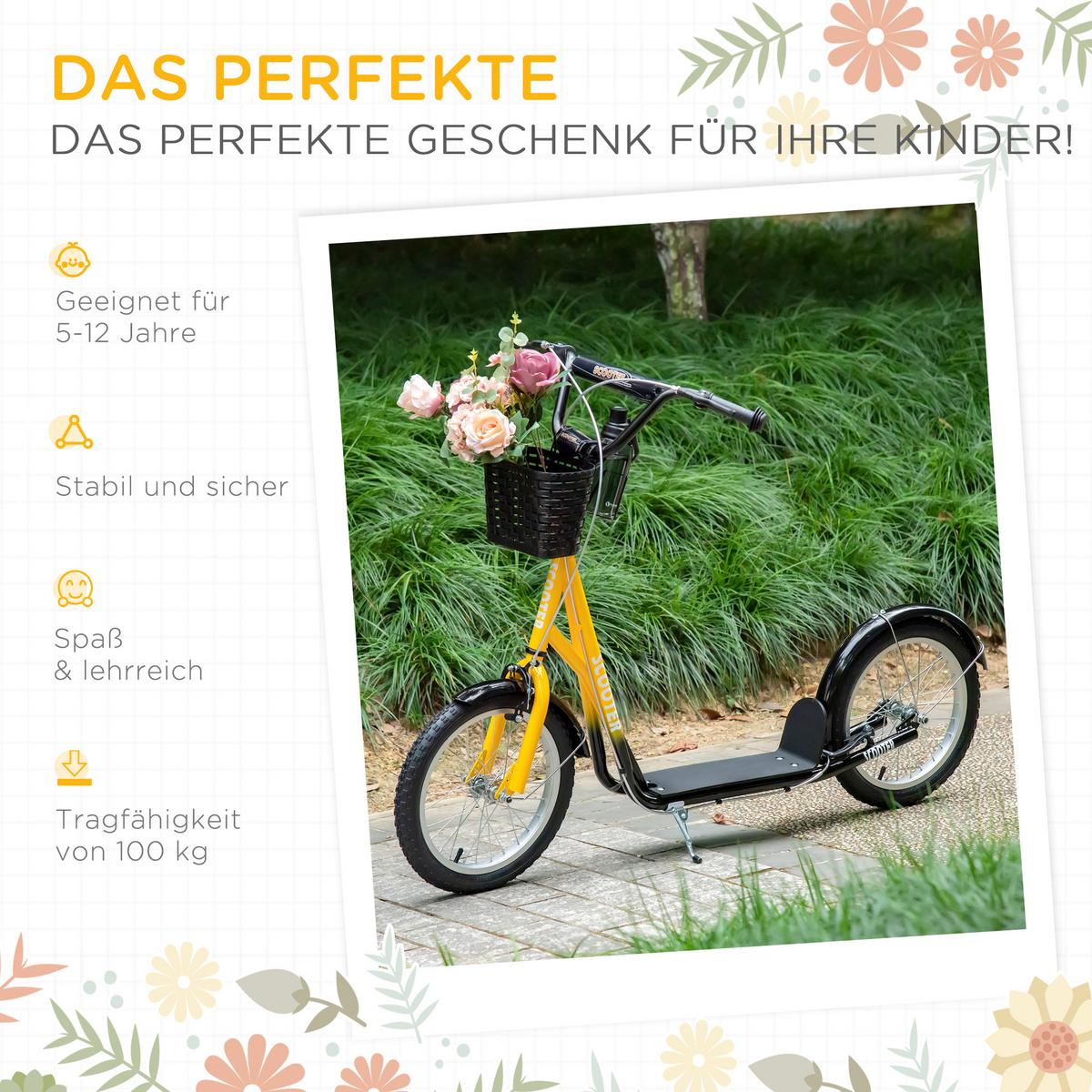 KINDER Roller Höhenverstellbar Tretroller mit groß Gummirädern, 2 Bremsen Orange - Orange, Metall (139/58/96cm) - HOMCOM