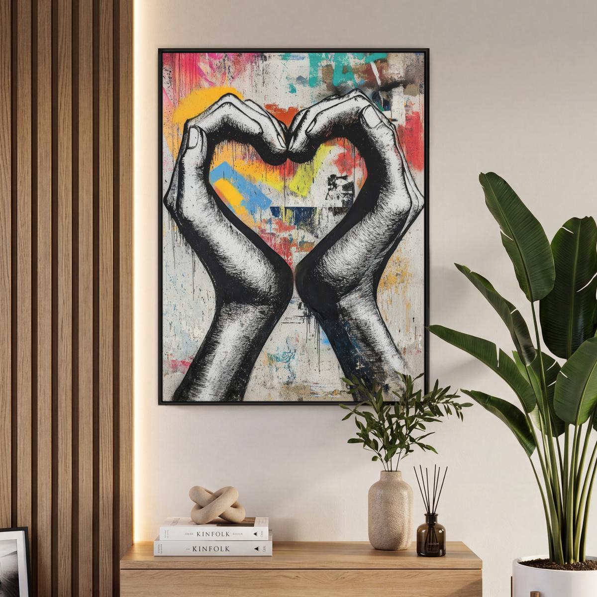 LEINWAND Bilder mit Rahmen - Hände - Herz - Straßenkunst - Graffiti - 70x100 - Multicolor, Textil (70/100cm) - MuchoWow