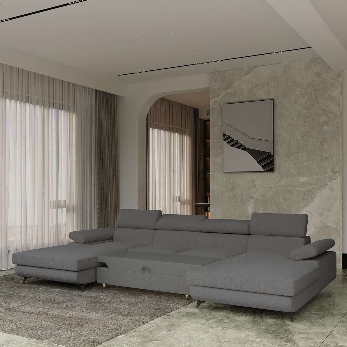 WOHNLANDSCHAFT DETTI Grau Boucle-Stoff mit Schlaffunktion - Grau, Holz (339/89/190cm) - MASSENO