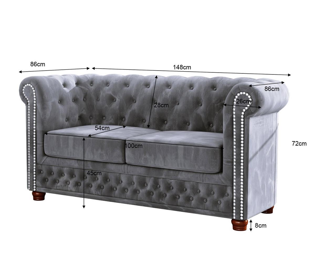 CHESTERFIELD-SOFA 2-sitzer Lauren Grau Samt - Braun/Grau, Holz/Textil (148/72/86cm) - S-Style Möbel