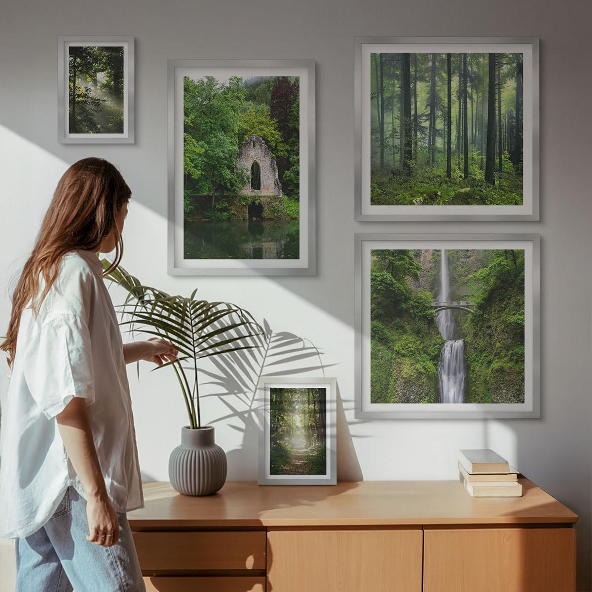 BILDER SET 5er Set - 50x50 cm & 20x30 cm & 40x60 cm Silberner Rahmen - Grüne Wälder, Lichtstrahlen - Silberfarben, Kunststoff (40/60cm) - TULUP