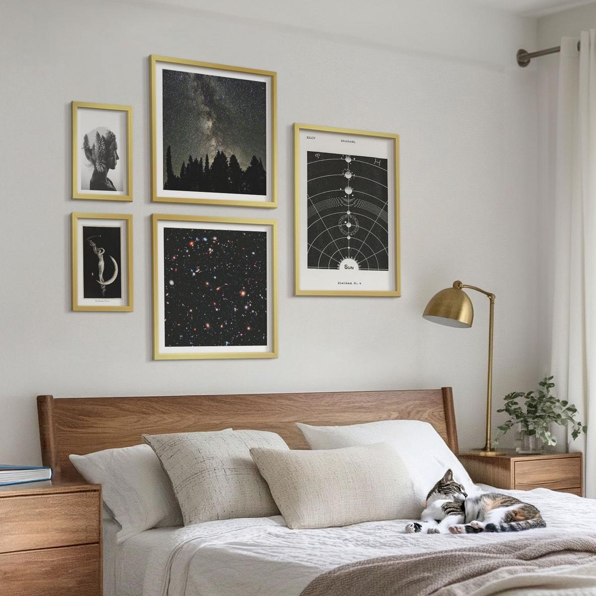 BILDER SET 5er Set - 50x50 cm & 20x30 cm & 40x60 cm Goldrahmen - Galaxie im Sonnensystem - Goldfarben, Kunststoff (40/60cm) - TULUP