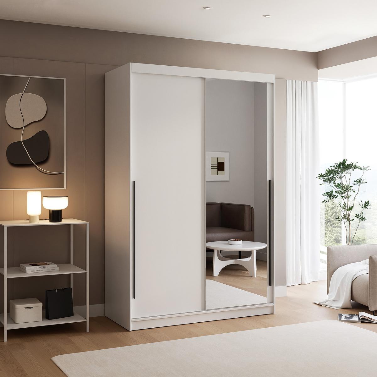 SCHIEBETÜRENSCHRANK SILENTE 140 cm mit Einlegeböden und Kleiderstange - Weiß, Holzwerkstoff (140/215/60cm) - Idohome