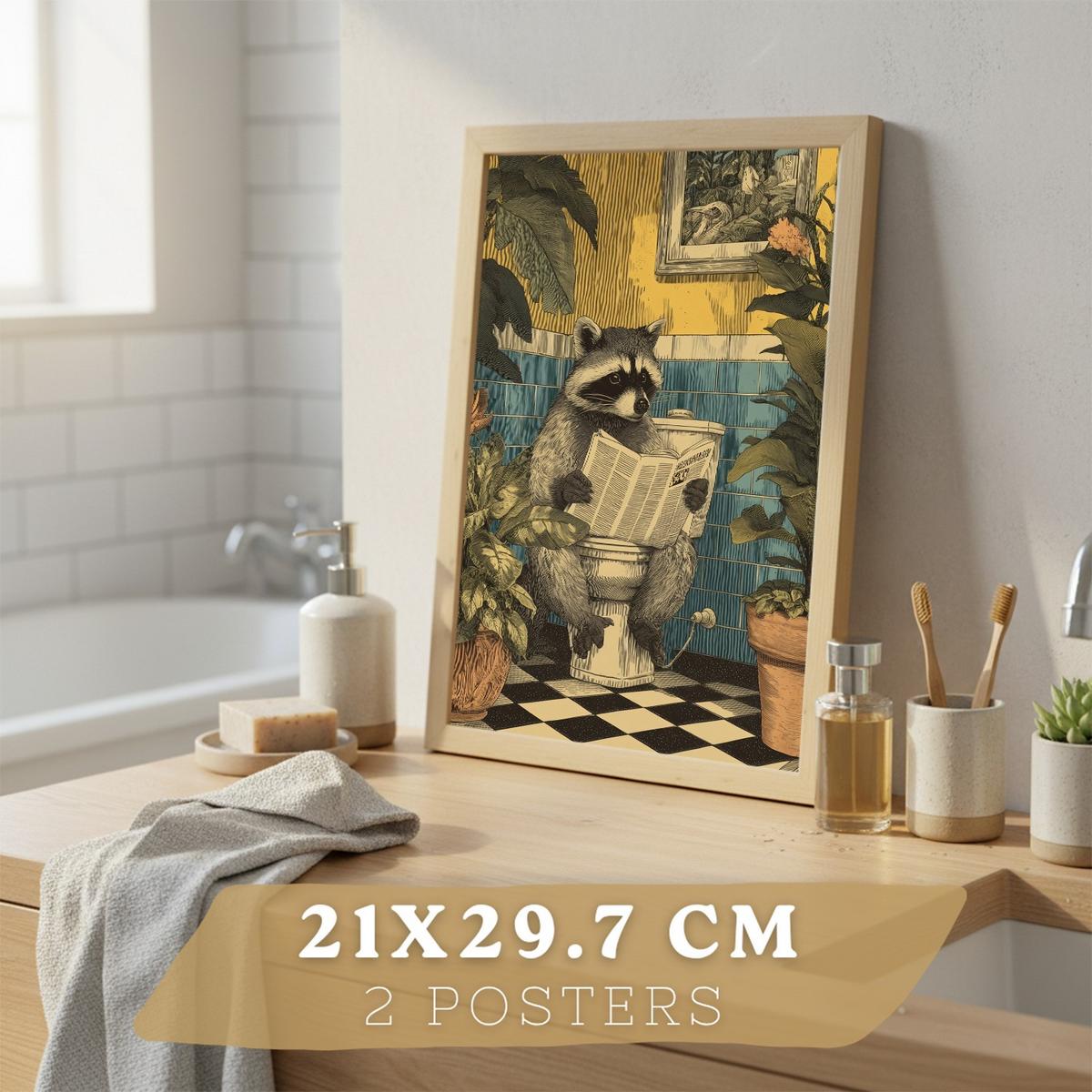 POSTER 2er-Set lustige Badezimmer-Kunstdrucke, Bilder mit lustigen Tieren auf der Toilette, witzige, Dusche Leichter Holzrahmen A4 - Beige, Papier (29.7/21/3cm) - Nacnic