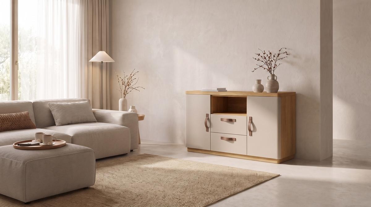 SIDEBOARD FLORIANA Weiß Eiche - Creme, Textil (160/200cm) - KAWOLA