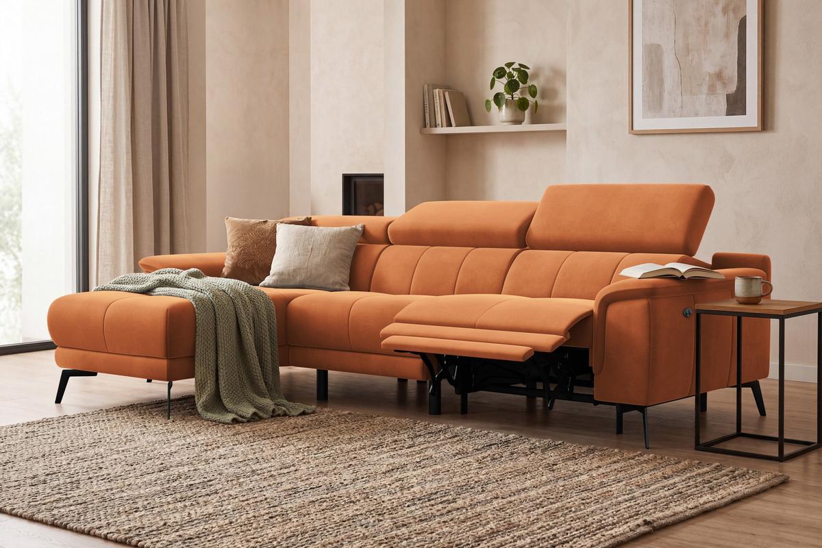 ECKSOFA FIERO 4-Sitzer LINKS, Oranger Veloursstoff - Schwarz/Orange, Holz/Textil (288/170cm) - Courtois Laville