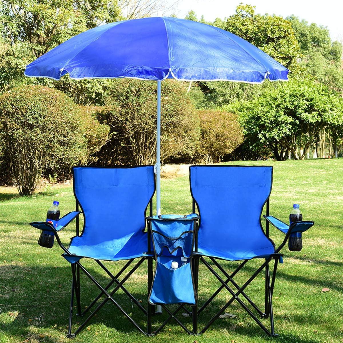 CAMPINGSTUHL mit Sonnenschirm für Paare Blau - Blau, Metall (161/85/55cm) - COSTWAY