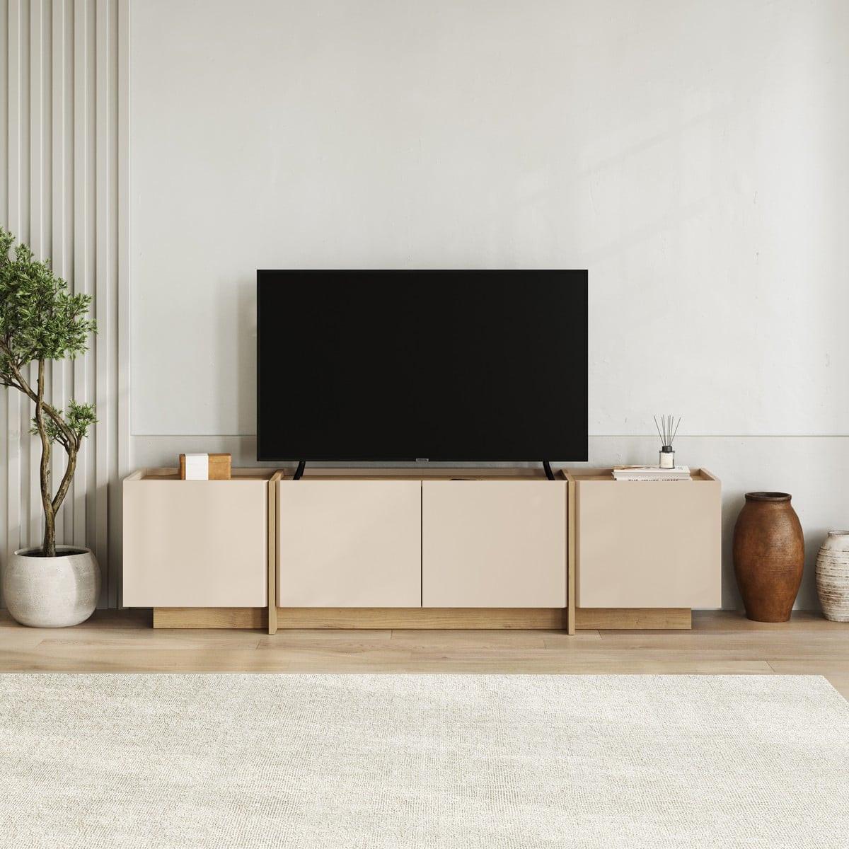 TV-MÖBEL mit 4 Türen in Kaschmir- und Eiche-dekor 180/35/46 cm - Beige, Holzwerkstoff (35/46/34cm) - Calicosy