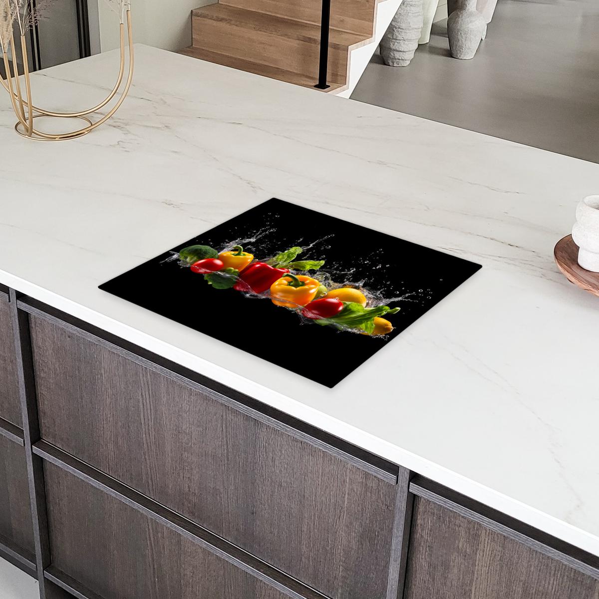HERDABDECKPLATTE Paprika - Wasser - Gemüse - Schwarz Abdeckung Ceranfeld 57.6x51.6 cm - Multicolor, Kunststoff (57.6/51.6/0.2cm) - MuchoWow