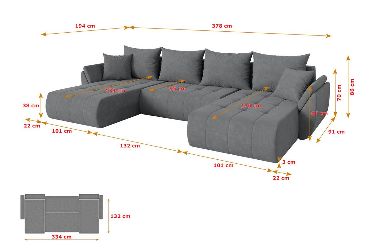 WOHNLANDSCHAFT mit Schlaffunktion und Bettkasten TOKO-U 378x194x86 Grau Velours - Taupe/Schwarz, Holzwerkstoff/Kunststoff (378/86/194cm) - ALTDECOR