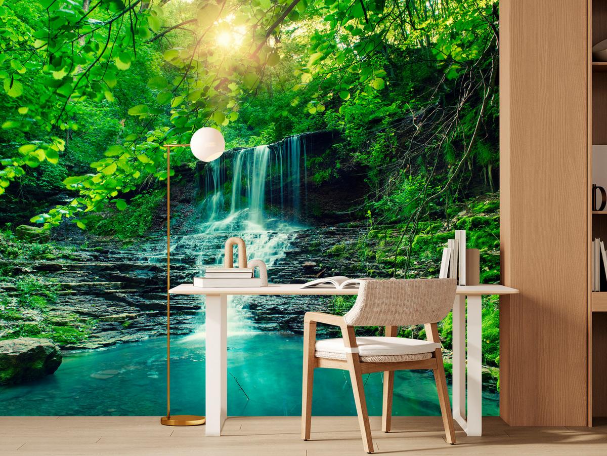 FOTOTAPETE für Schlafzimmer Türkisfarbener Wasserfall Wald Bäume Blätter Felsen 100x70 - Türkis/Blau, Papier (100/70cm) - Muralo