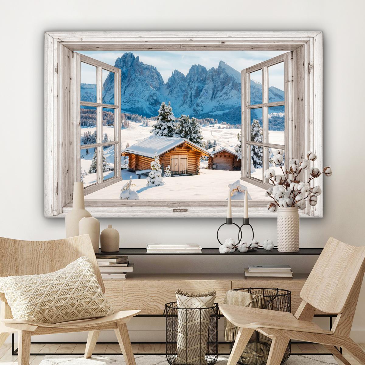 LEINWANDBILD Winterlandschaft - Hütte - Berge - Ausblicke - Aussicht - Natur XXL 150x100 cm - Weiß Hochglanz, Textil (150/100cm) - MuchoWow