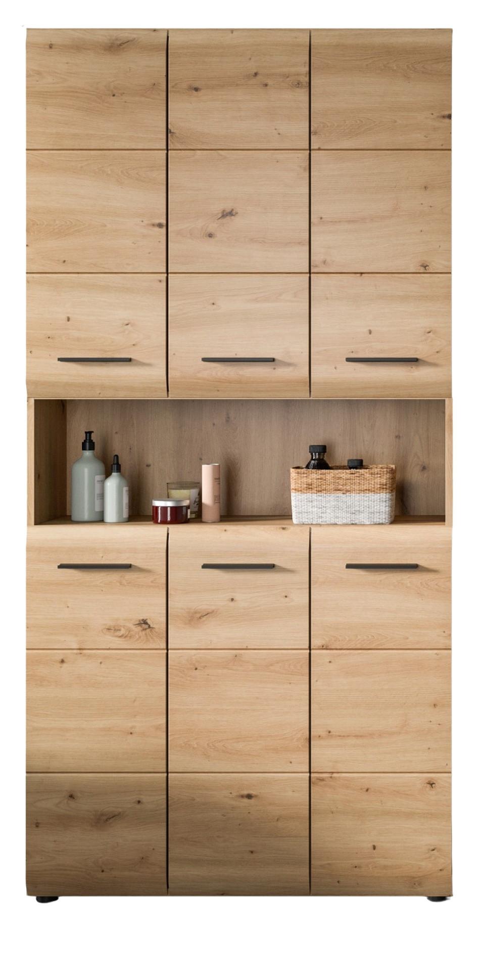 HOCHSCHRANK Eiche Artisan, Badschrank Mehrzweckschrank 6-türig 90 x 185 cm - Schwarz/Eiche Artisan, Holzwerkstoff/Kunststoff (90/185/30cm) - Inn.Furn