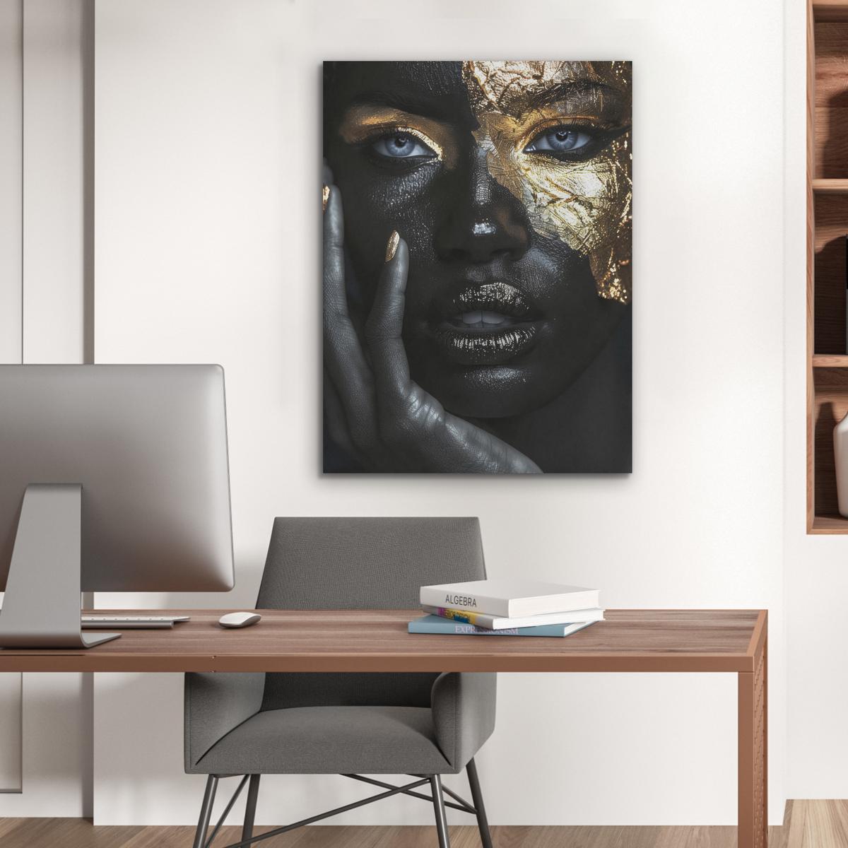 AKUSTIKBILD Frau - Gold - Porträt - Schwarz-Weiß - Luxus Wandbilder 60x80 cm - Hellblau, Kunststoff (60/80/0.9cm) - MuchoWow