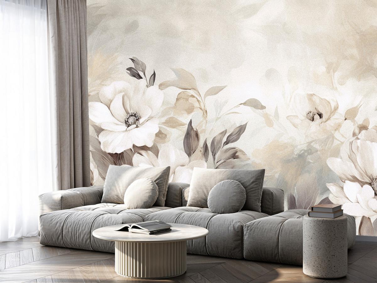 FOTOTAPETE für Schlafzimmer Abstrakte Creme Blumen Aquarell 300x210 - Beige/Braun, Papier (300/210cm) - Muralo