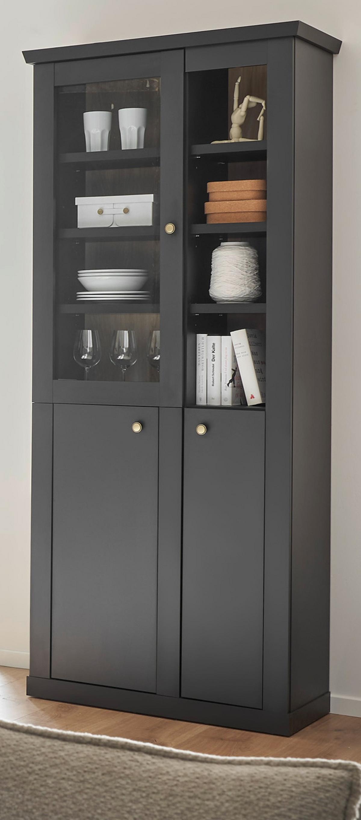 VITRINE schwarz matt, Eiche 86 cm, Vitrinenschrak Landhaus mit Soft-Close - Eichefarben/Messingfarben, Glas/Holzwerkstoff (86/200/39cm) - Furn.Design