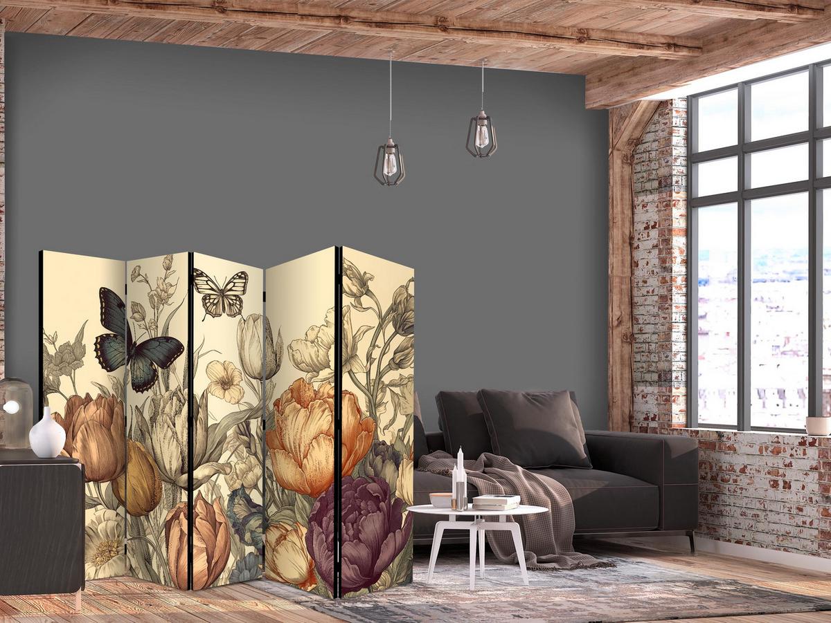 PARAVENT 5-tlg 225x172 cm Tulpen im Retro - Multicolor, Holz/Textil (225/172/3cm) - Muralo