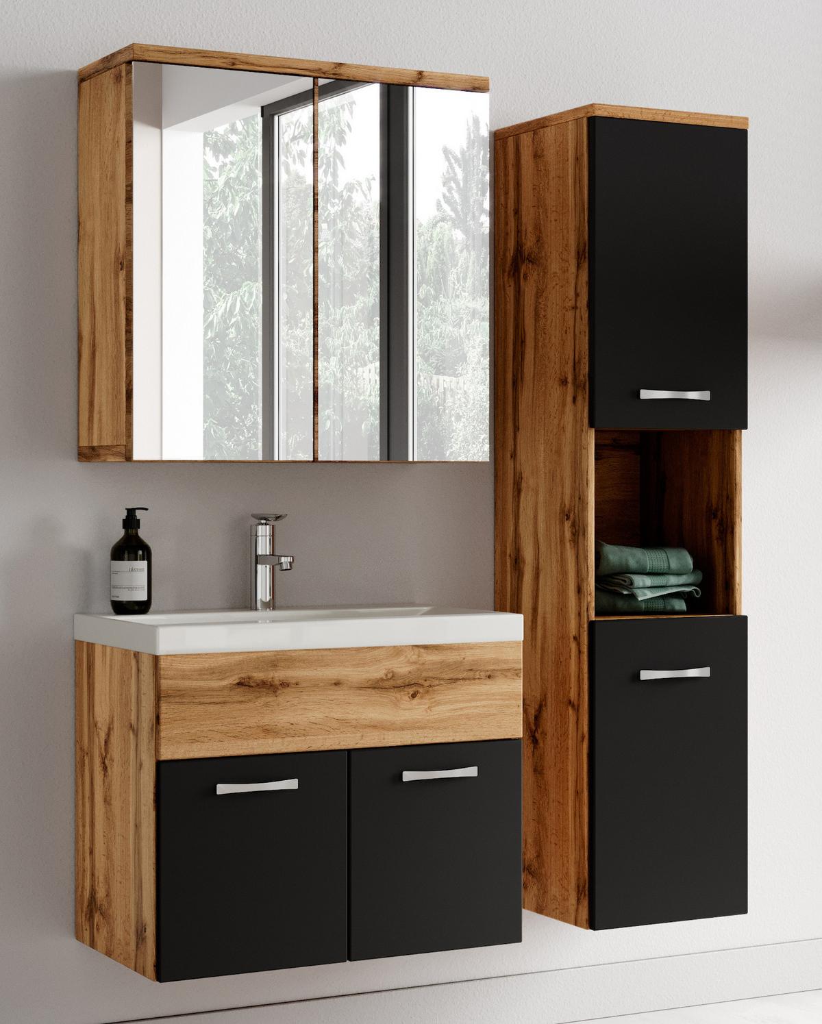 BADMÖBEL-SET Montreal 4 Teile Eiche / Schwarz Spiegelschrank - 60 x 35 x 51 cm - Eichefarben/Schwarz, Holz (60/51/35cm) - Badplaats