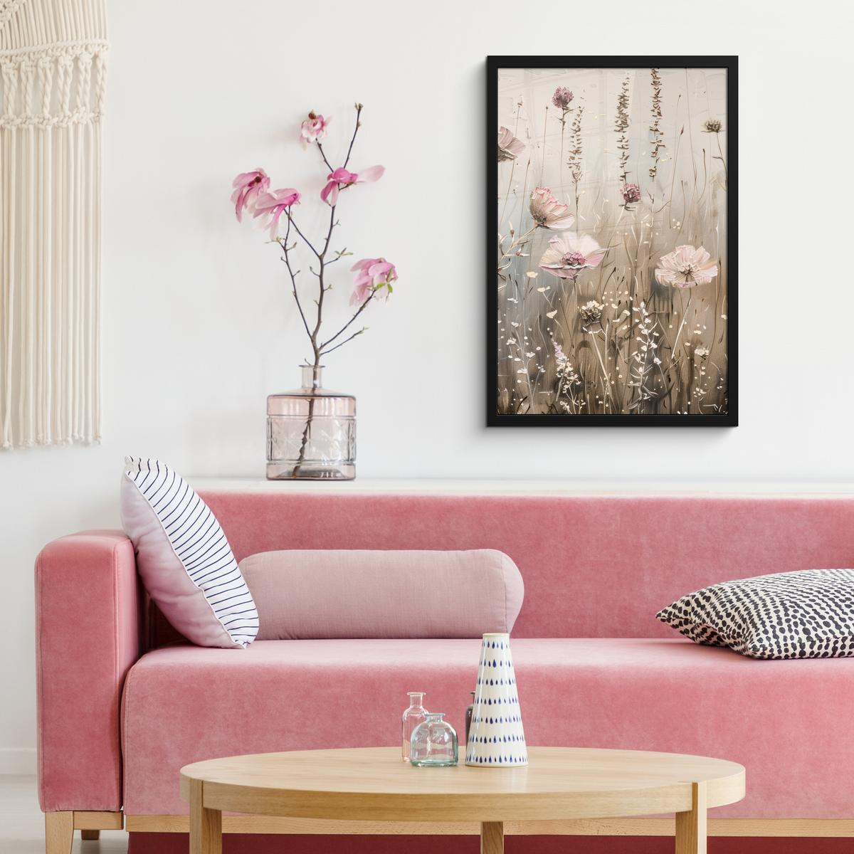 POSTER MIT RAHMEN Blumen - Rosa - Modern - Beige Bilder mit Rahmen 40x60 cm - Beige, Papier (40/60cm) - MuchoWow