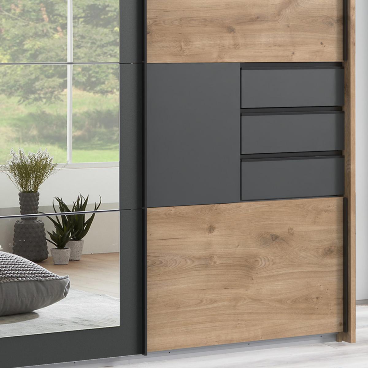 SCHWEBETÜRENSCHRANK 3-türig B273/H213/64cm, Eiche Dekor mit Absetzungen in Grafit, Passepartout&Spiegel&Schubladen,Kleiderschrank inkl.Vollaus./ 22506 - Blau/Eichefarben, Holzwerkstoff/Metall (273/213/64cm) - luma-home