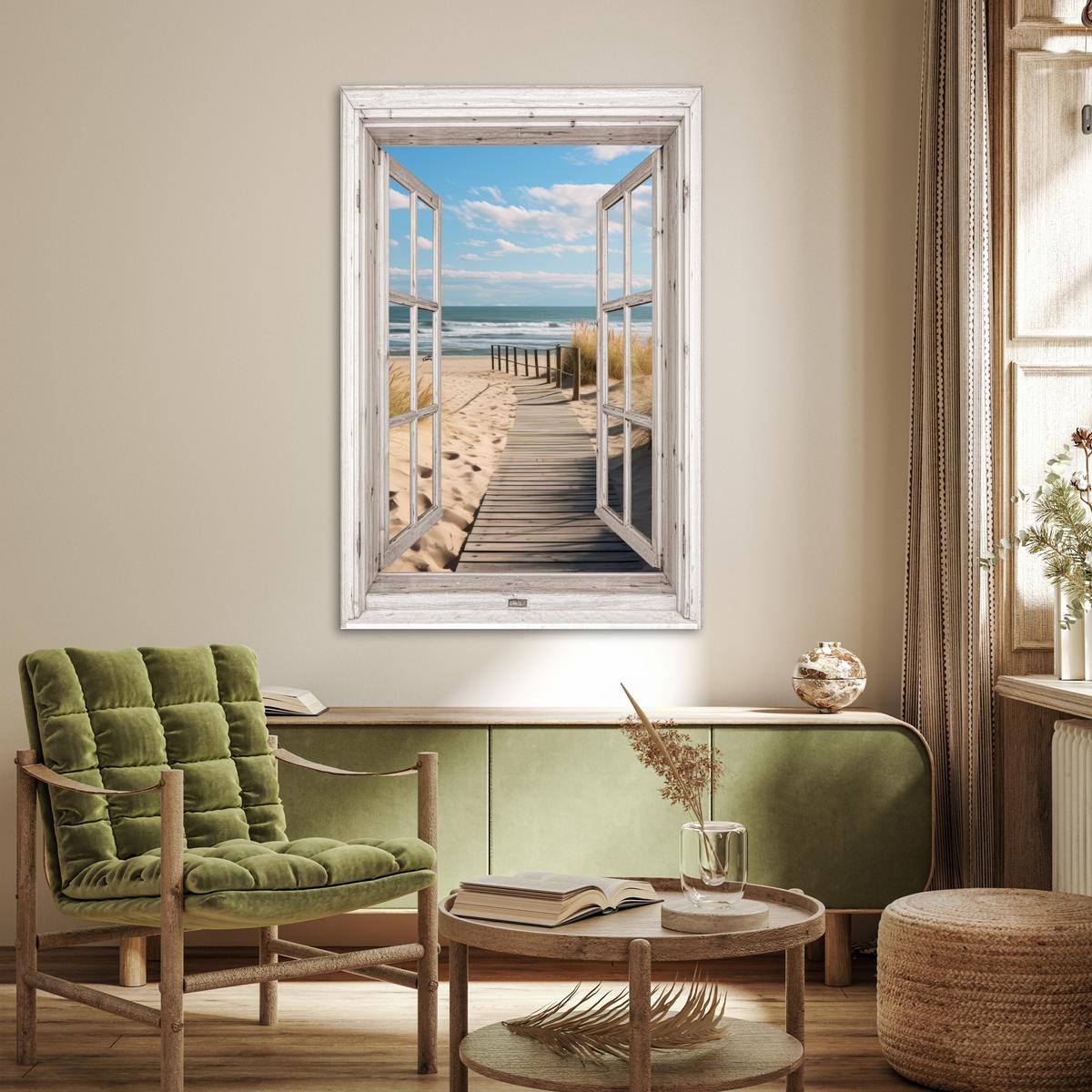 POSTER Fenster - Meer - Küste - Natur - Ausblick - Strand - Wattenmeer Wandbild Schlafzimmer 80x120 cm - Beige, Papier (80/120/0.1cm) - MuchoWow
