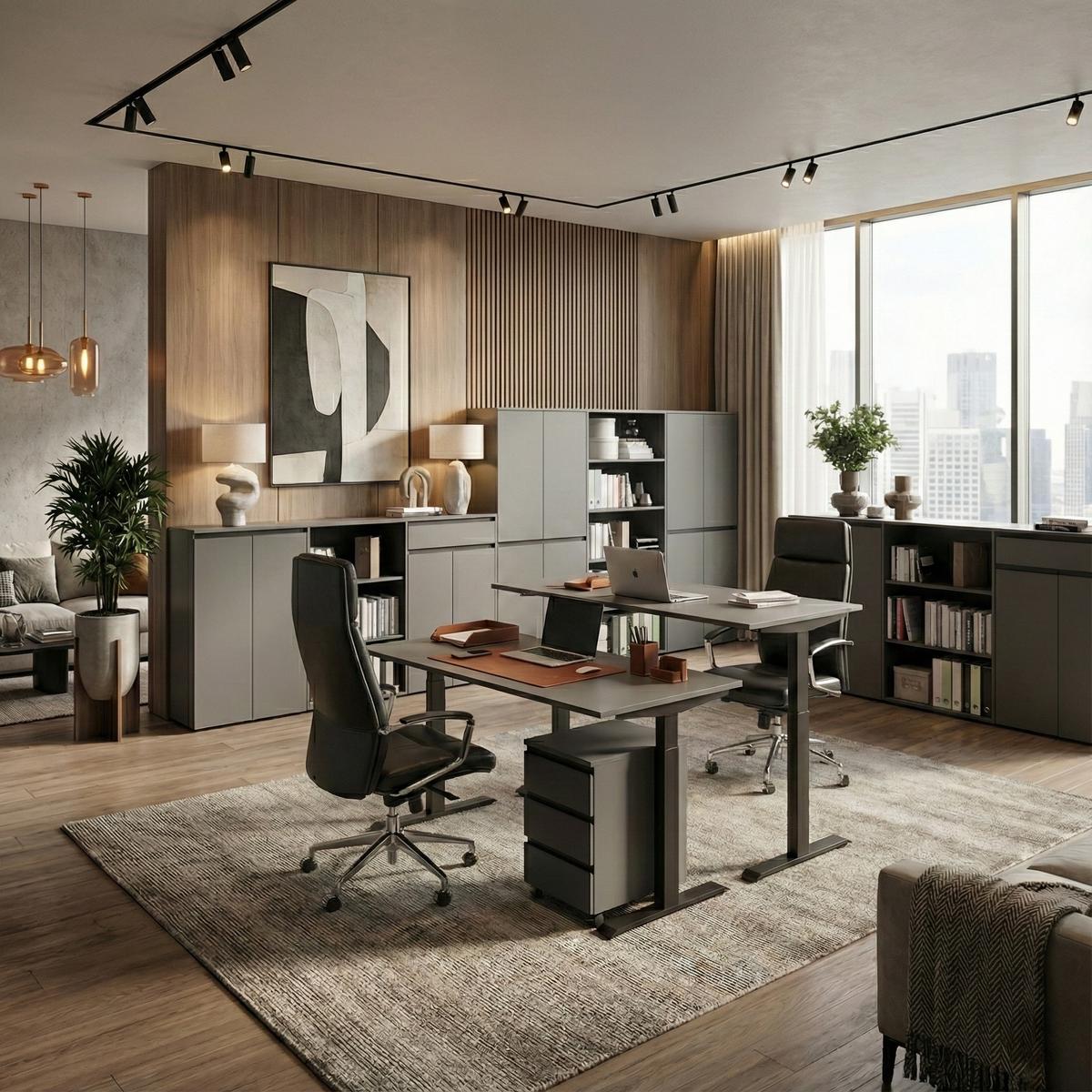 BÜROMÖBEL Set 2-teilig | Schreibtisch 140x80cm & Rollcontainer Graphit | Einstellbar 68-91 cm & Soft-Close - Schwarz, Holzwerkstoff/Metall (80/195/91cm) - KADIMA DESIGN