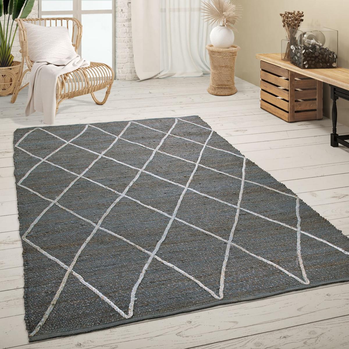 JUTETEPPICH handgewebt wendbar, mit Rautenmuster, Anthrazit, 60 x 100 cm - Anthrazit, Textil (100/60cm) - KADIMA DESIGN