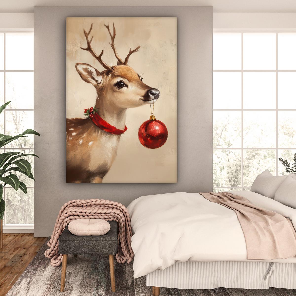 LEINWANDBILD Weihnachten - Hirsch - Geweih - Weihnachtskugel - Rentier Deko Groß 90x140 cm - Hellbraun, Textil (90/140cm) - MuchoWow