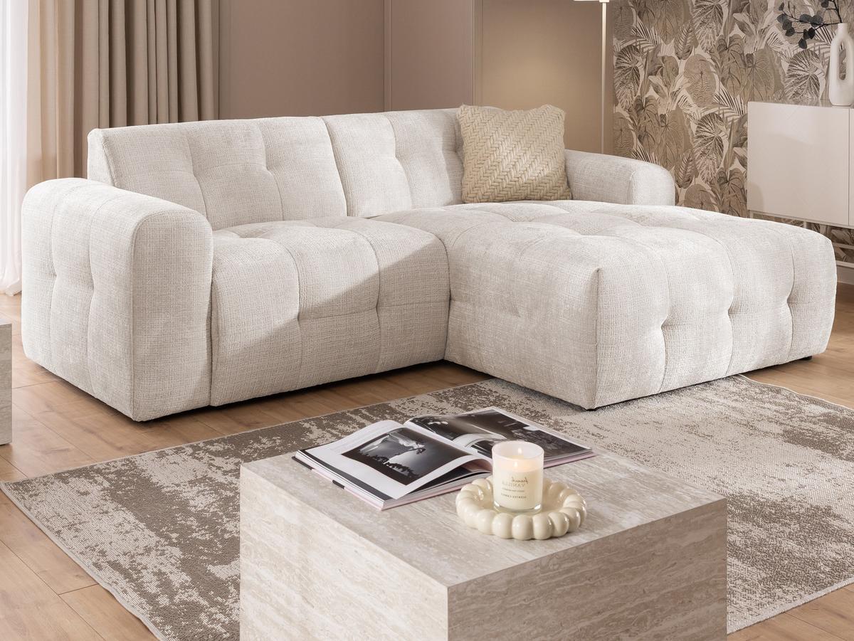 ECKSOFA Kozy im Bumpy-Design mit fester Rückenlehne aus weichem Beige Chenille-Stoff - Ottomane rechts - Beige/Creme, Holz/Kunststoff (234/161cm) - S-Style