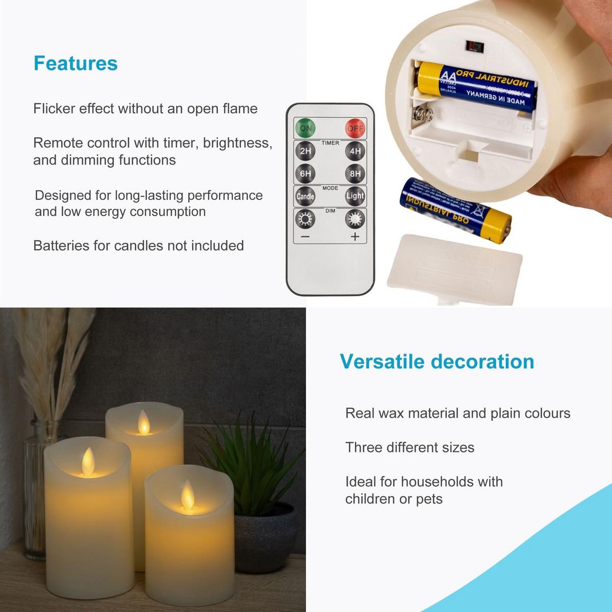 LED KERZEN SET mit Fernbedienung (3-tlg.) - Weiß, Naturmaterialen (8/8/15cm) - Intirilife