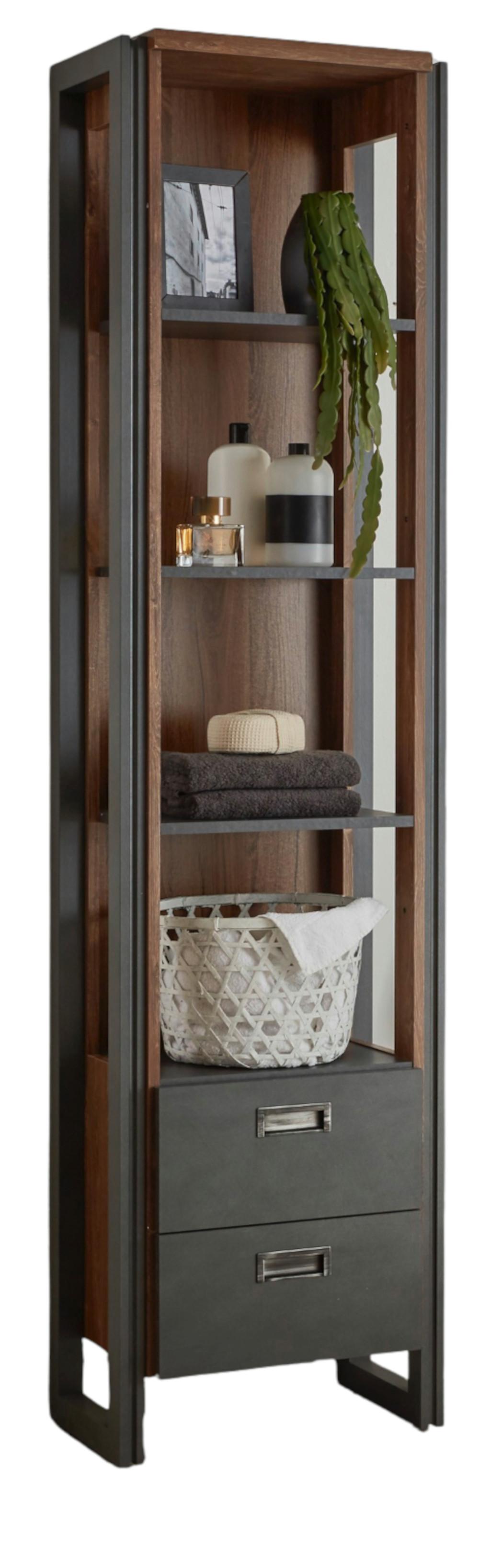 BAD-REGAL Eiche Stirling, Matera grau, Badmöbel Hochschrank 49 x 202 cm - Eichefarben/Grau, Holzwerkstoff/Metall (49/202/33cm)