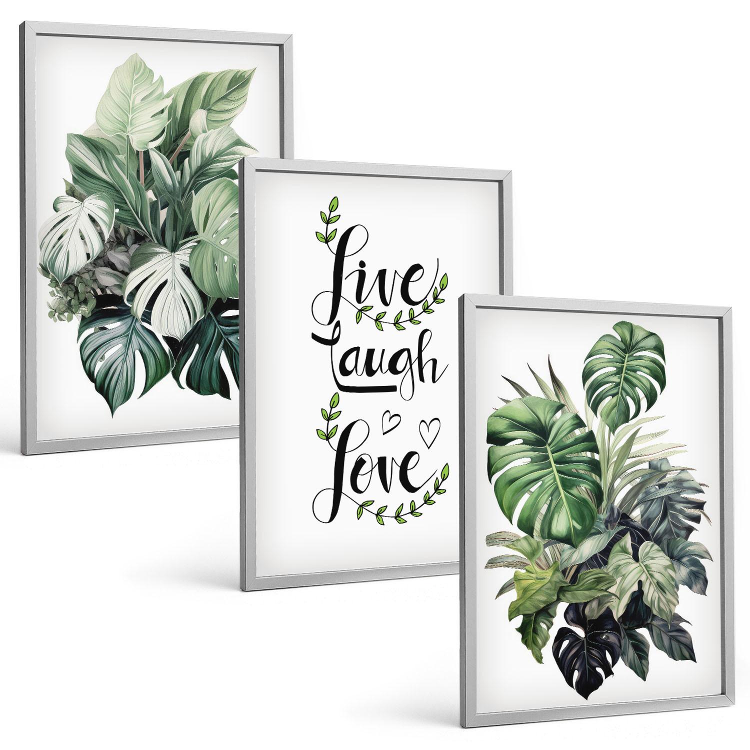 BILDER SET 3er Set - 40x60 cm Silberner Rahmen - Blattpflanzen leben, lachen, lieben - Silberfarben, Kunststoff (40/60cm) - TULUP