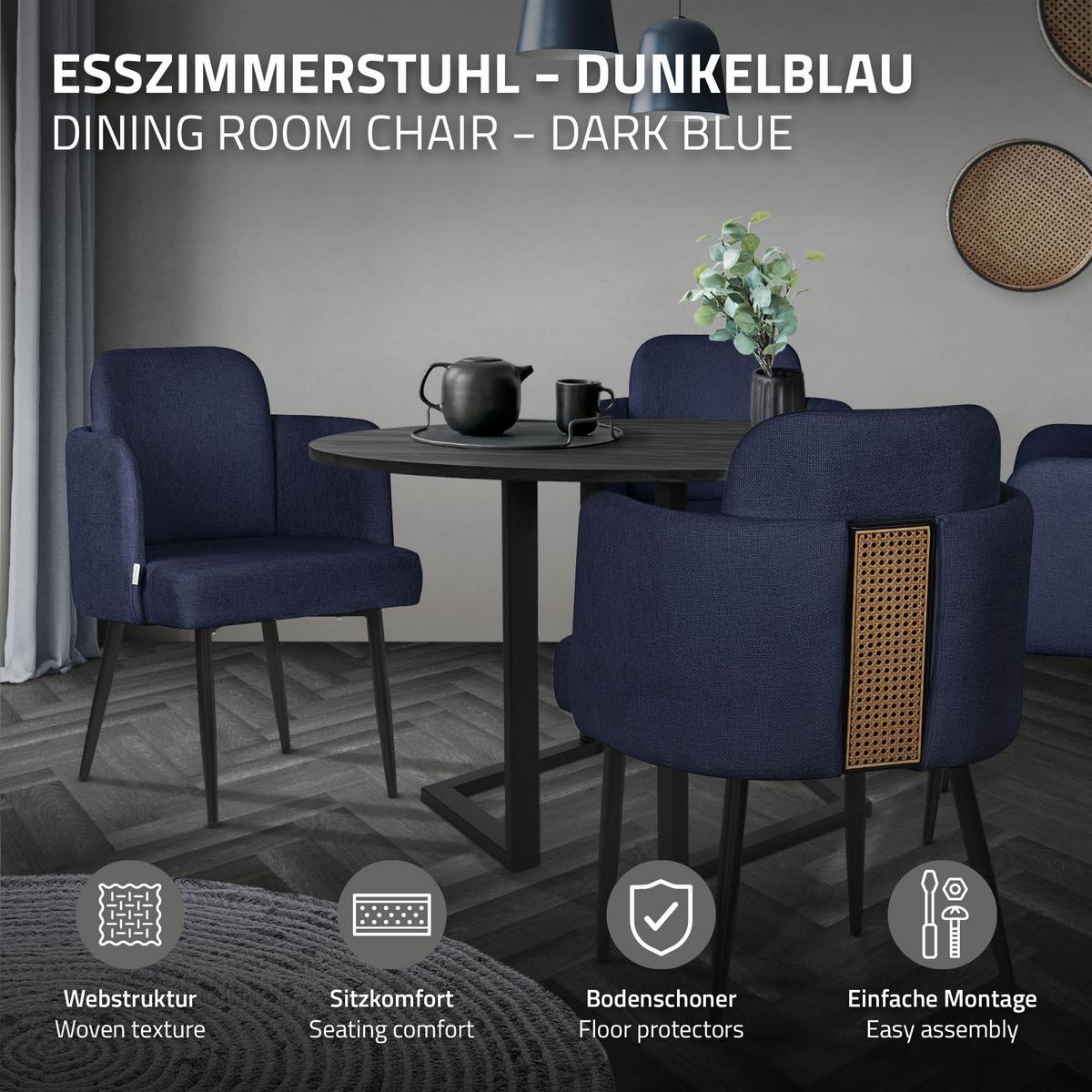 ESSZIMMERSTÜHLE 2er Set Dunkelblau mit Stoffbezug Rattan Optik - Schwarz/Dunkelblau, Textil/Metall (59/86/59cm) - ML-DESIGN