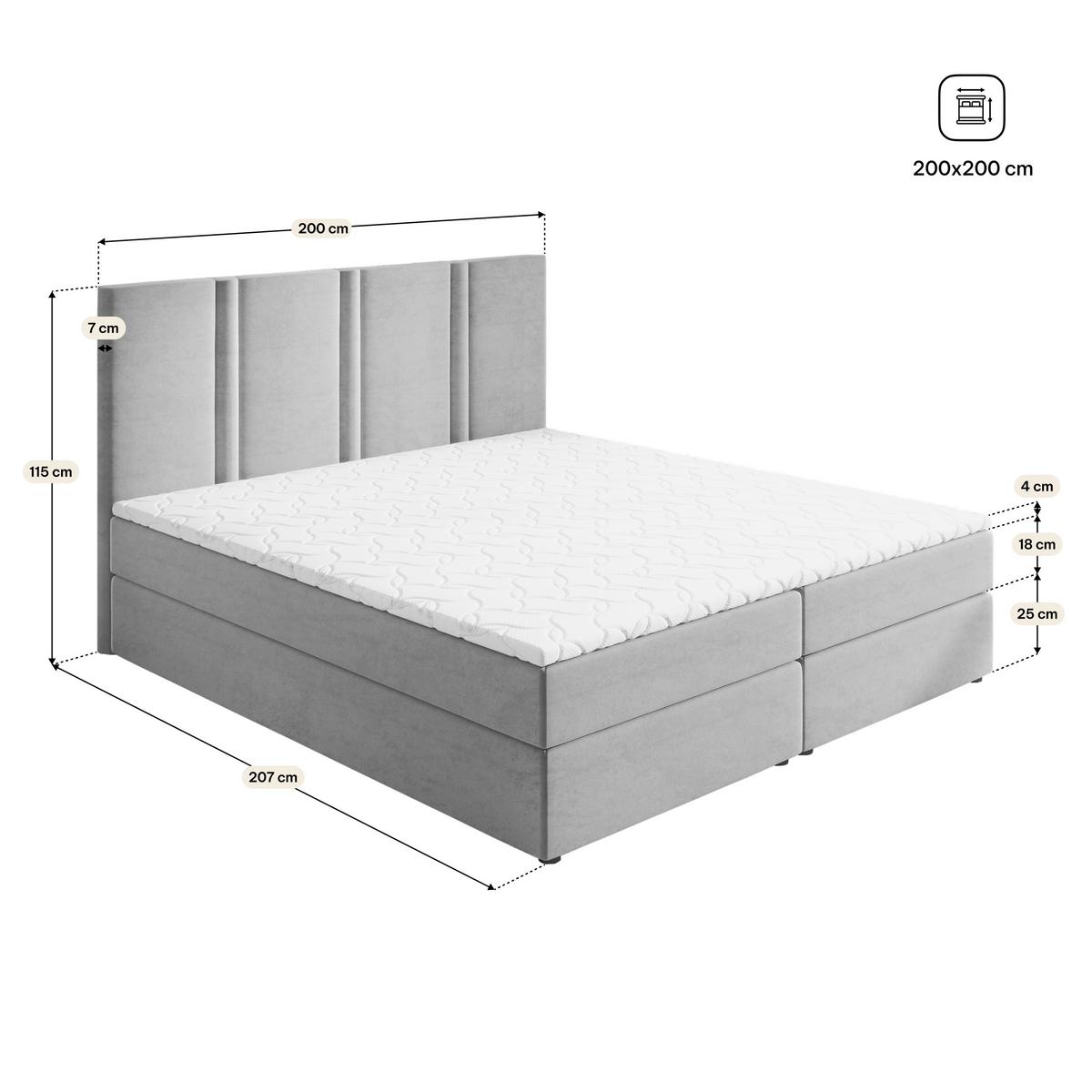 BOXBETT LARIO 200x200 cm mit Matratze und Topper, H2+H3 - Hellgrau - Hellgrau, Holz (200/200cm) - MASSENO