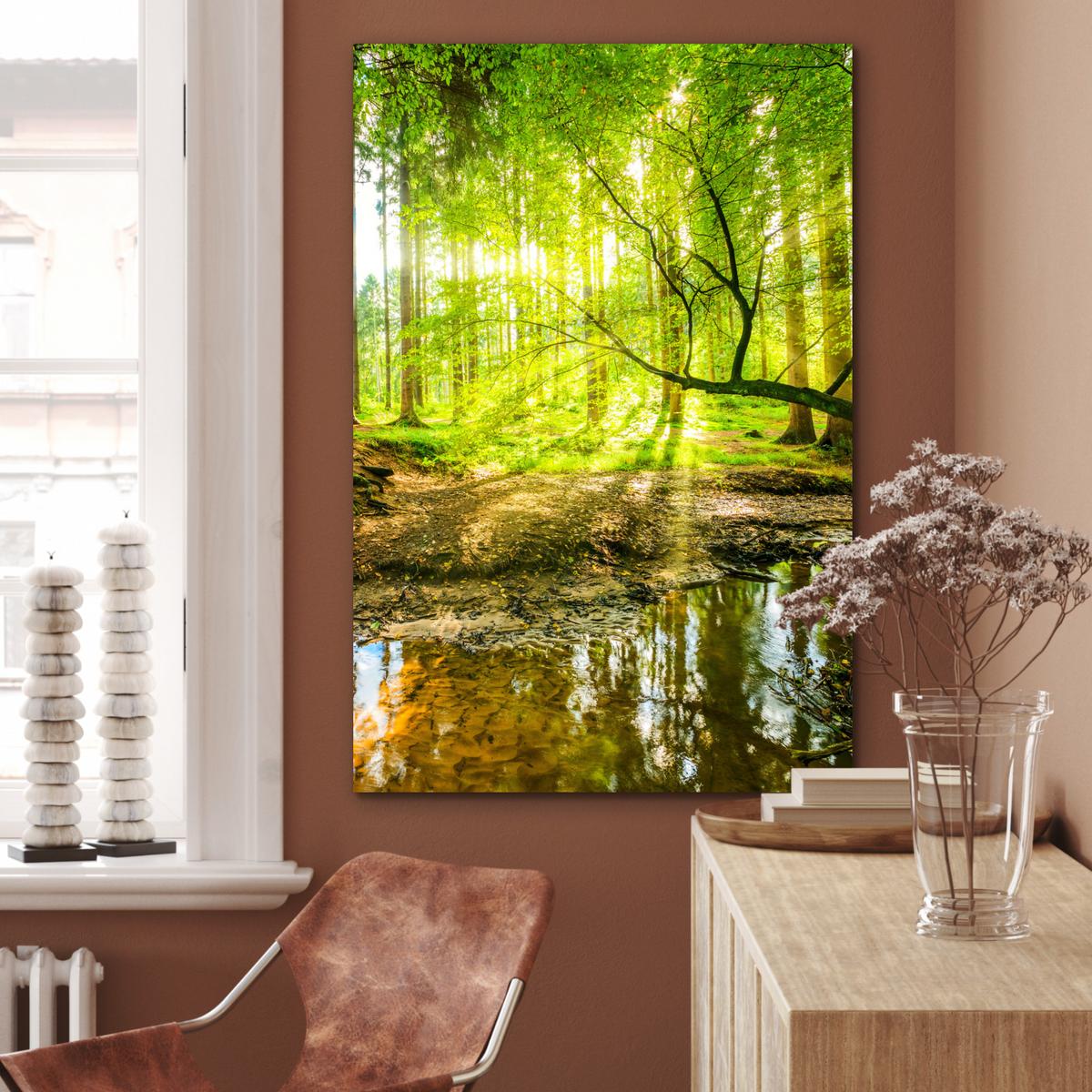 METALLBILD Wald - Landschaft - Wasser - Bäume - Sonne - Grün - Natur 80x120 cm - Grün, Metall (80/120cm) - MuchoWow