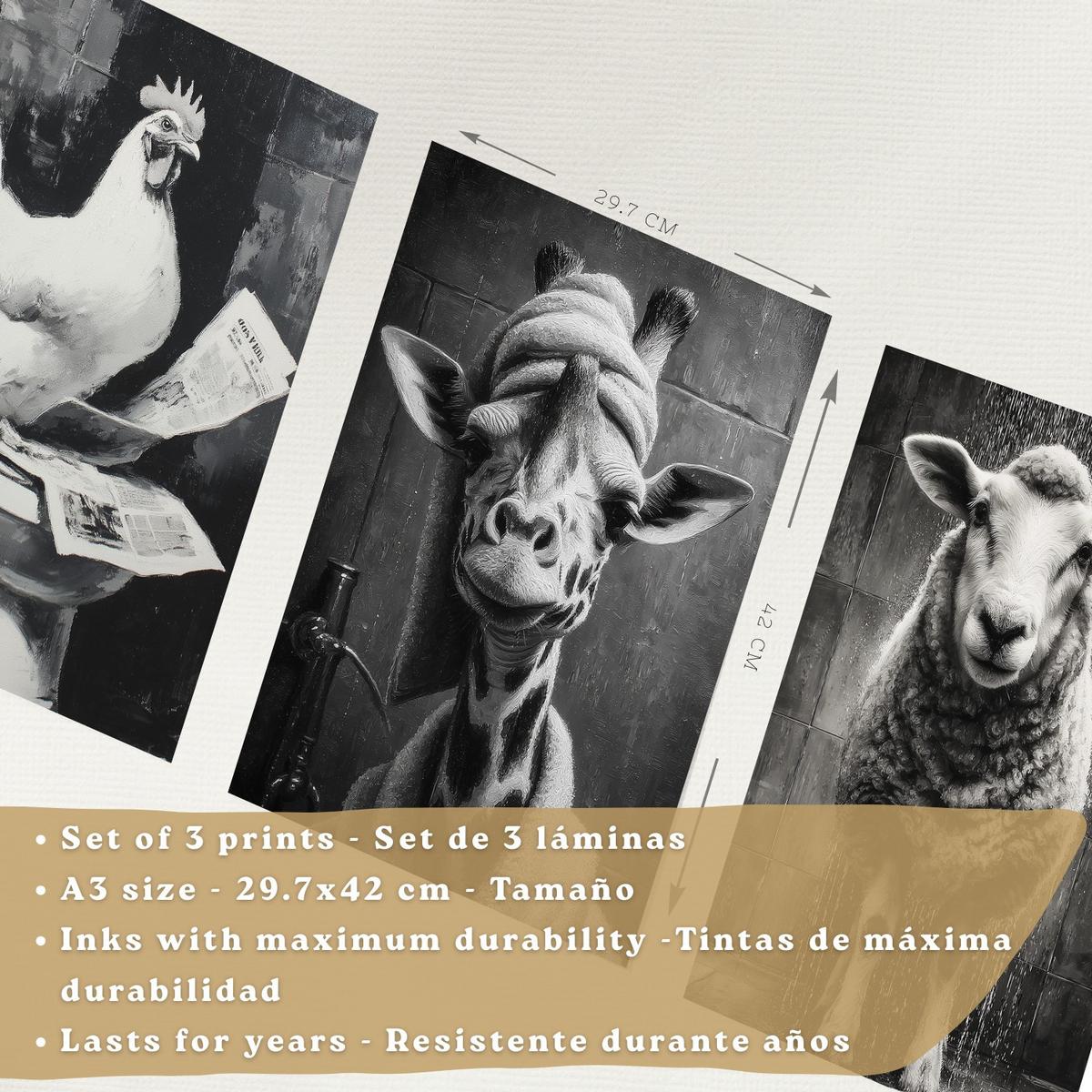 POSTER 3er-Set lustige Schwarz-Weiß-Drucke, Tiere im Badezimmer-Poster, witzige WC-Dekoration für Toilette, Vintage-Stil Schwarzer Rahmen A3 - Schwarz, Papier (42/29.7/3cm) - Nacnic
