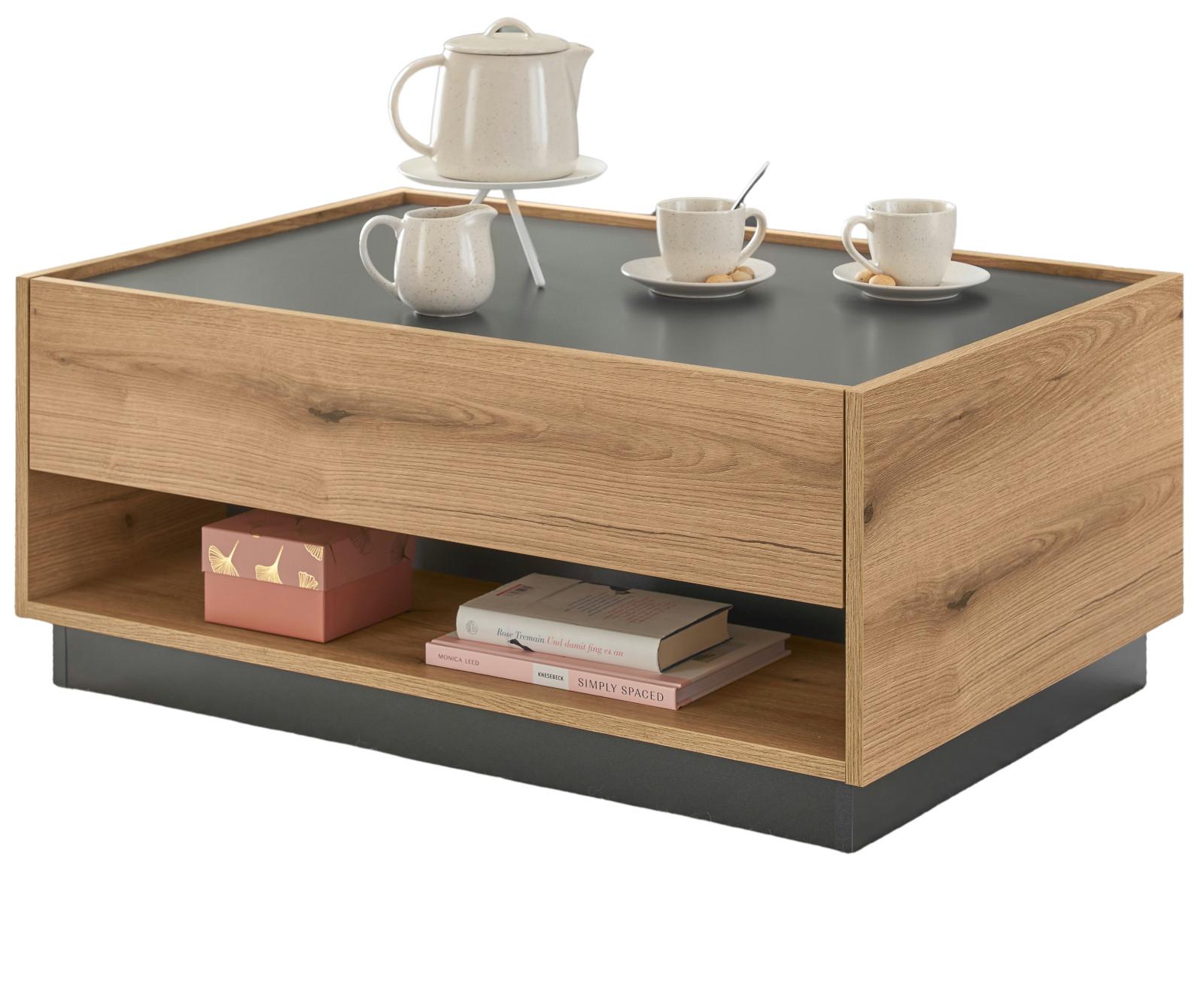 COUCHTISCH Evoke Eiche, grau 90 x 60 cm, Wohnzimmertisch mit Stauraum - Eichefarben/Schwarz, Holzwerkstoff/Metall (90/60/38cm) - Furn.Design