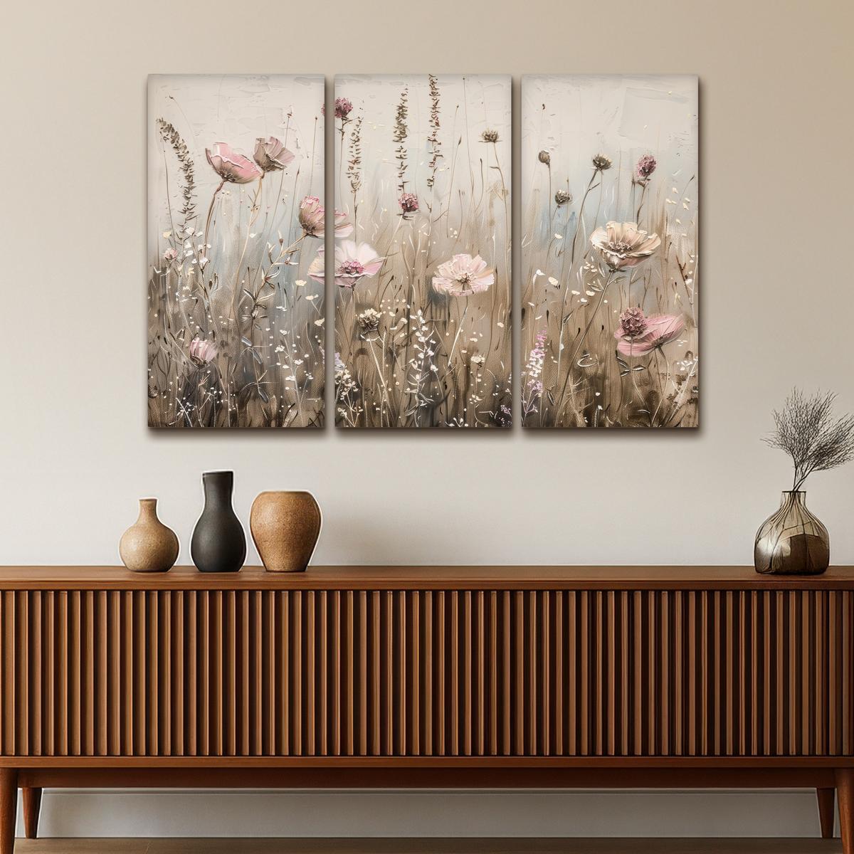LEINWANDBILD 3er Set Blumen - Beige - Modern - Rosa 120x80 cm - Ecru, Textil (120/80cm) - MuchoWow