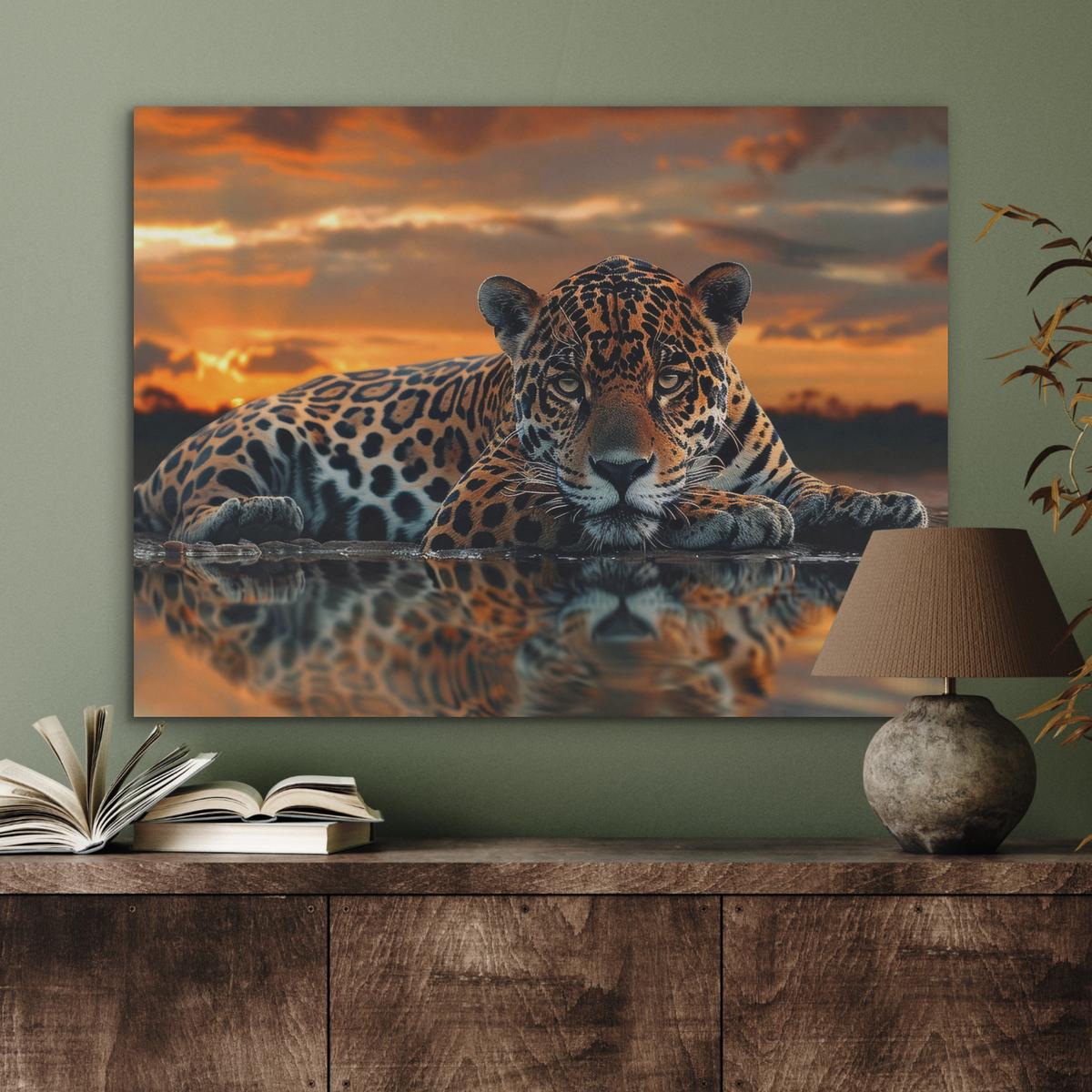 AKUSTIKBILD Natur - Leopard - Tier - Sonnenuntergang - Modern Gemälde 80x60 cm - Orange, Kunststoff (80/60/0.9cm) - MuchoWow