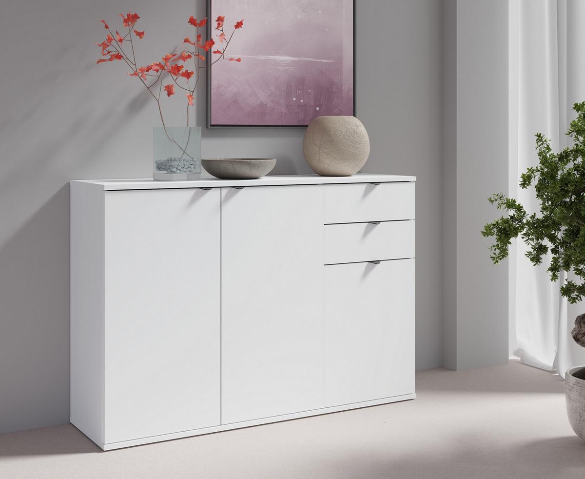 KOMMODE METRIX 120/82,5/35cm mit 2 Schubladen 3 Türen Weiß - Weiß, Holzwerkstoff (120/82.5/35cm) - MASSENO