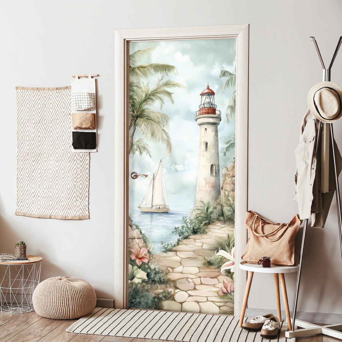 TÜRAUFKLEBER Leuchtturm - Natur - Landschaft - Boot 90x215 cm - Türtapete - Eichefarben, Kunststoff (90/0.1cm) - MuchoWow