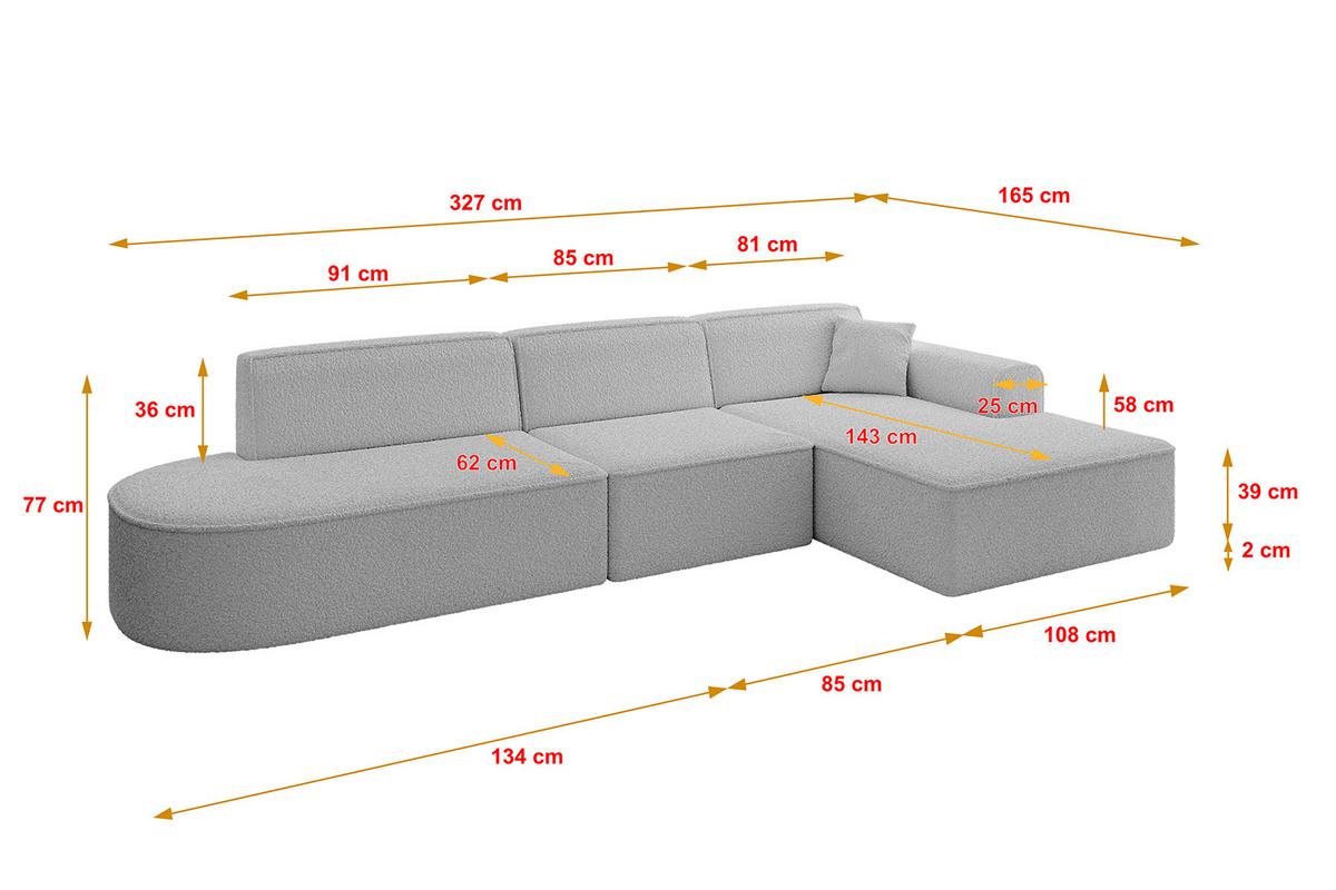 ECKSOFA Ottomane Rechts IREA-L2-v3 - 327x165x77 cm Hellgrau - Hellgrau, Holzwerkstoff/Textil (327/165cm) - ALTDECOR