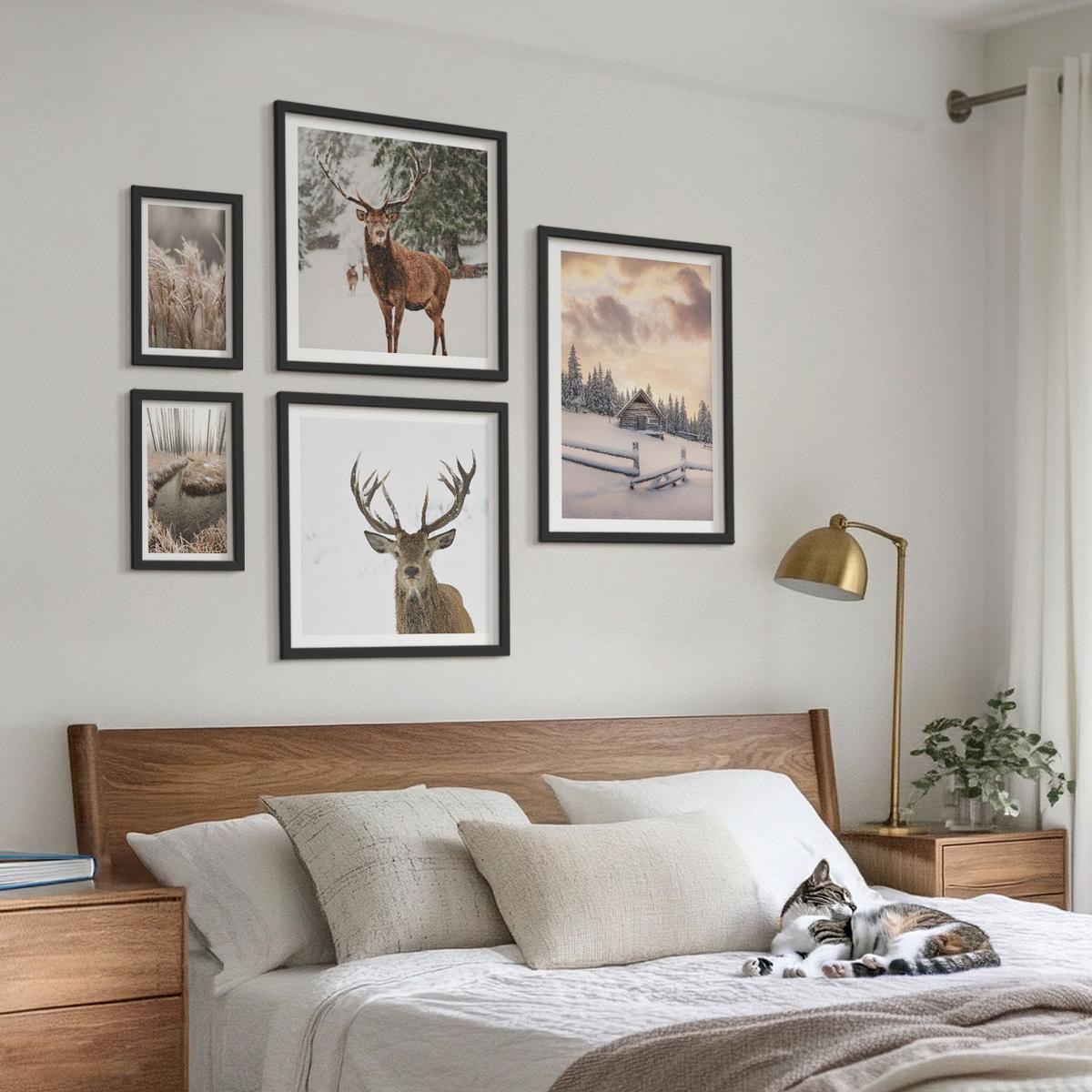 BILDER SET 5er Set - 50x50 cm & 20x30 cm & 40x60 cm Schwarzer Rahmen - Winterlandschaft mit Hirschen - Schwarz, Kunststoff (40/60cm) - TULUP